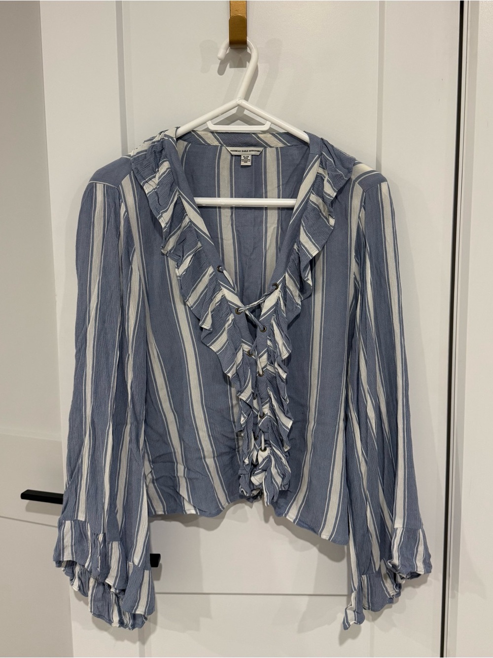 American Eagle Outfitters Blue & White Striped Ruffle Blouse